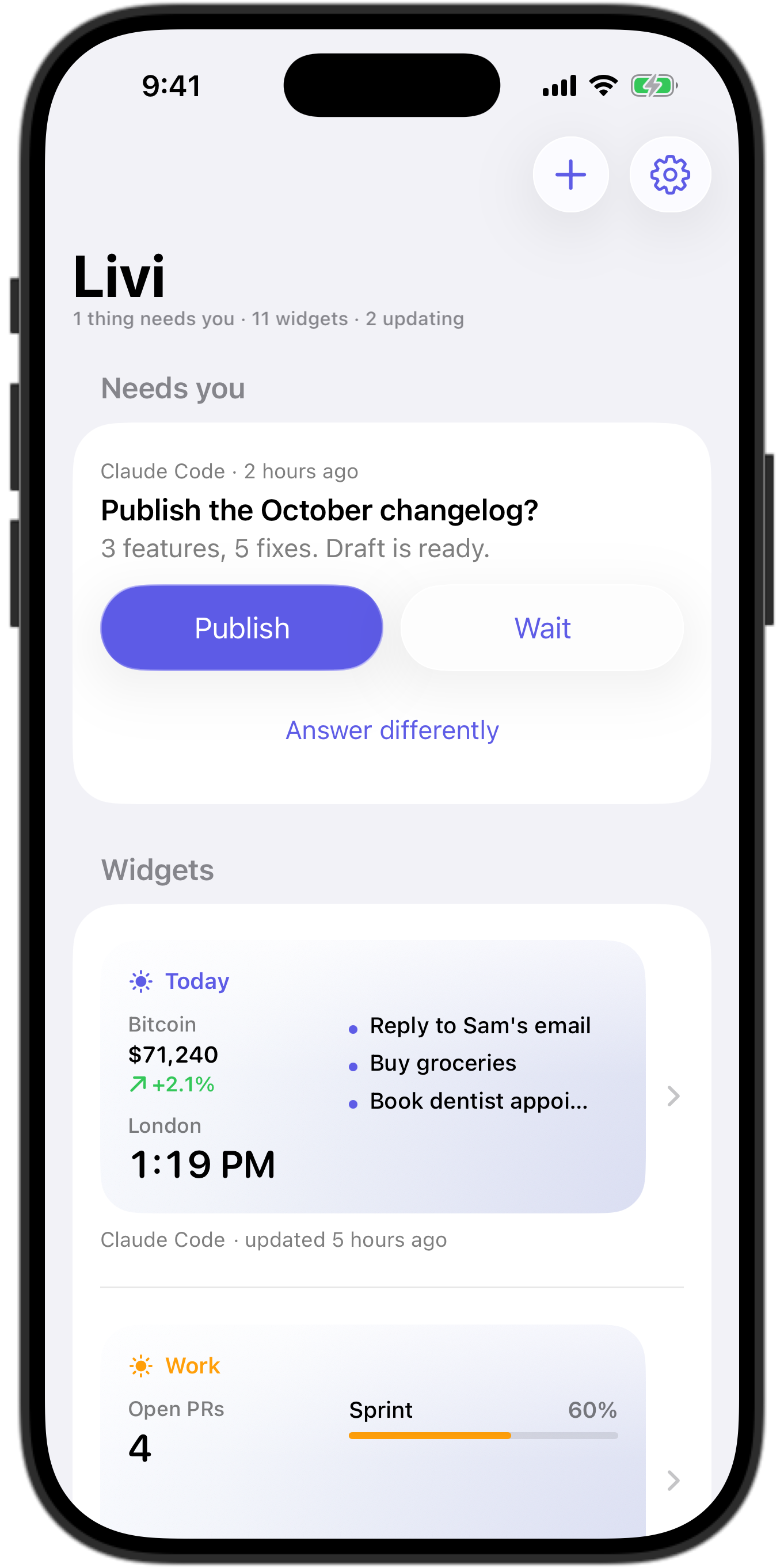 The Livi app on iPhone 17 Pro: a question from Claude Code with Publish and Wait buttons, above the user's widgets