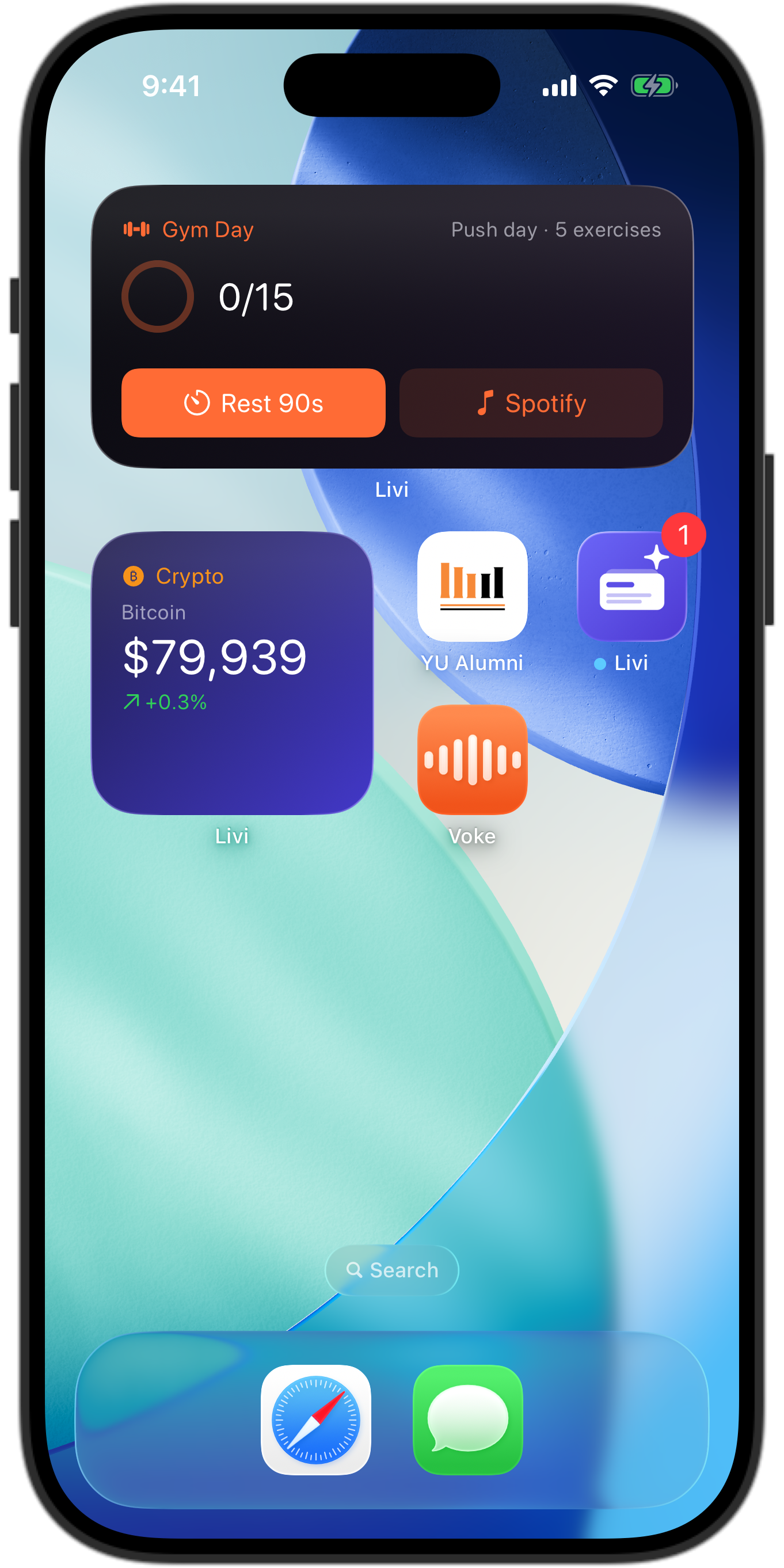An iPhone 17 Pro Home Screen with Livi widgets: Gym Day with a progress ring and Rest and Spotify buttons, and a Bitcoin price